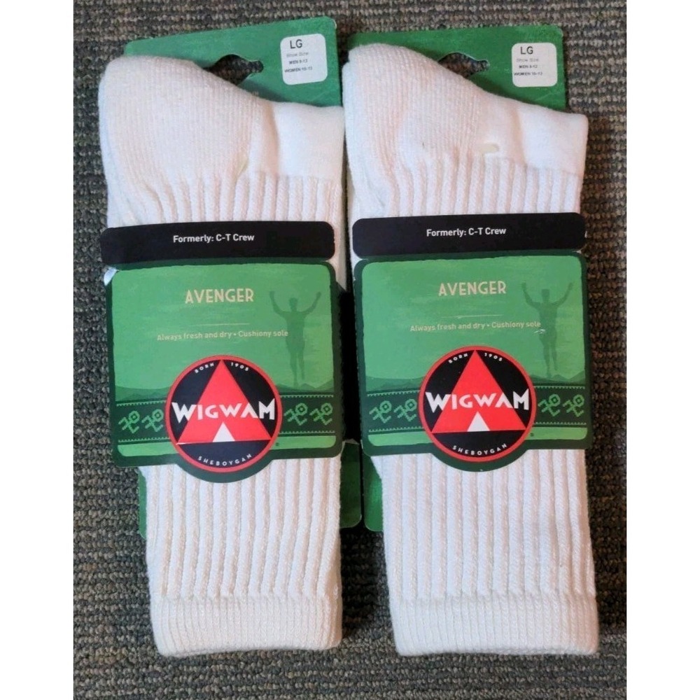 2 Pr Wigwam Unisex Size Large White Crew Socks Avenger Cushioned Sole‎ New C-T